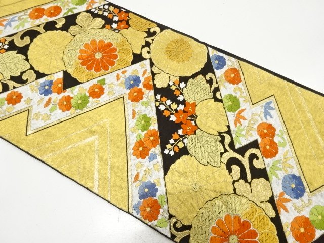JAPANESE KIMONO / ANTIQUE FUKURO OBI / WOVEN GEOMETRIC PATTERN & KIKU & PAULOWNIA